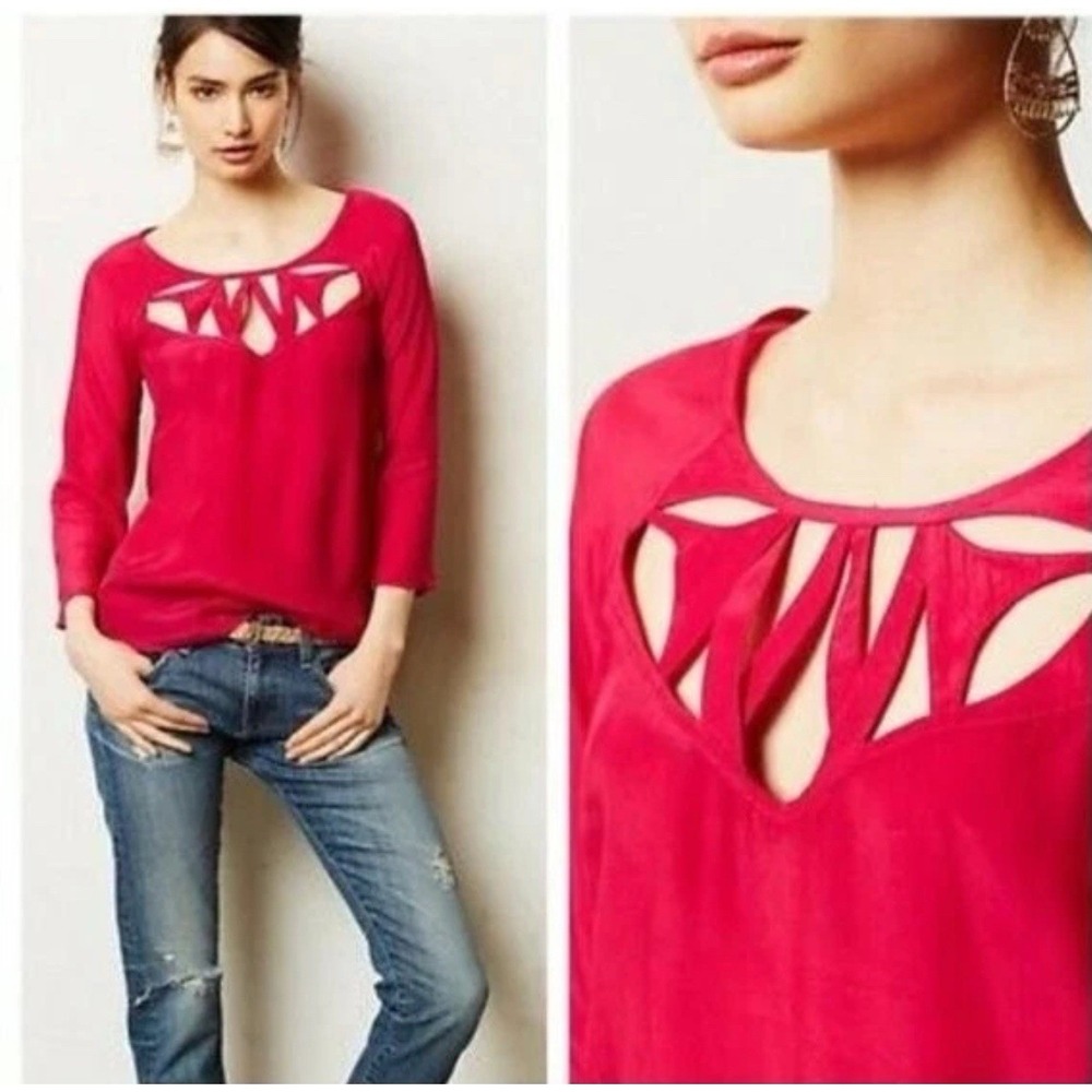 Anthropologie MAEVE Size 4 Top Fuchsia Pink Chest Cutout Blouse Long Sleeve